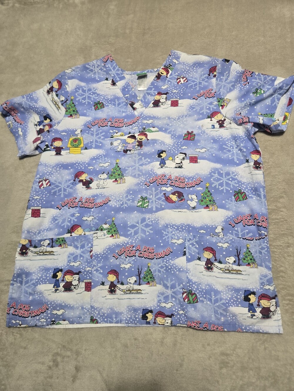 Peanuts Christmas Scrub Top "I Want A Dog For Christmas" Womens Size Large EUC